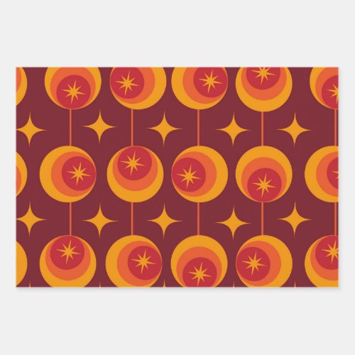 Mid Century Starbursts Pattern on Retro Circles Wrapping Paper Sheets