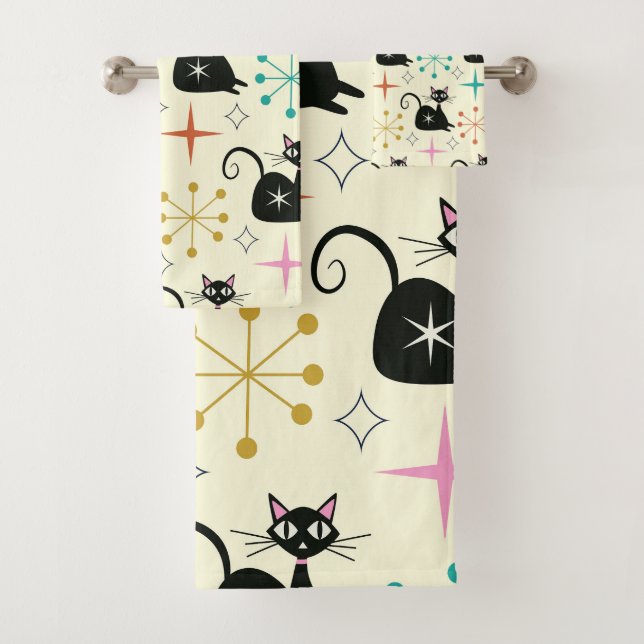 Mid Century Starbursts with Black Atomic Cat  Bath Towel Set (Insitu)