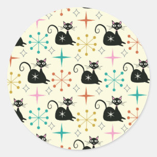 Mid Century Starbursts with Black Atomic Cat  Classic Round Sticker