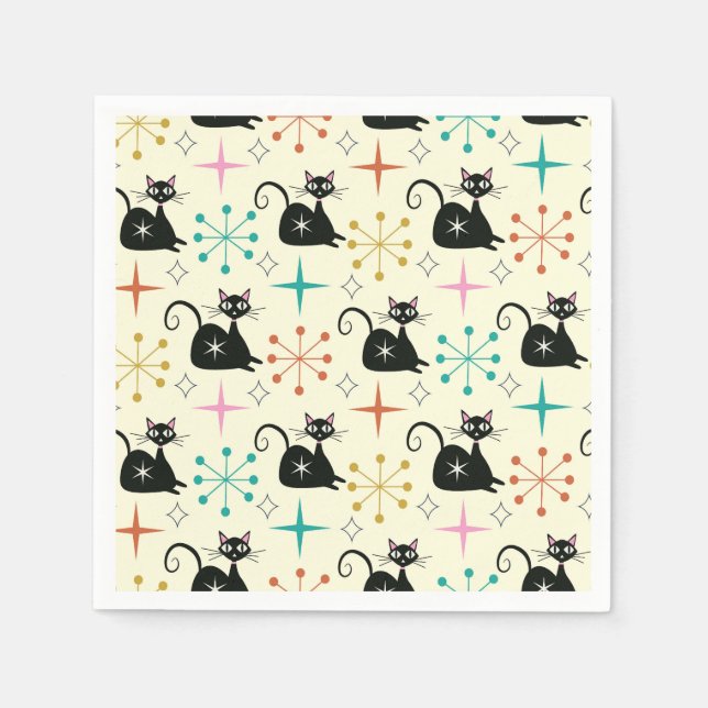 Mid Century Starbursts with Black Atomic Cat  Napkins (Front)