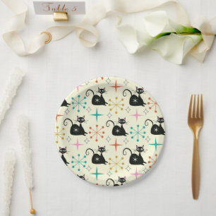 Mid Century Starbursts with Black Atomic Cat  Paper Plates