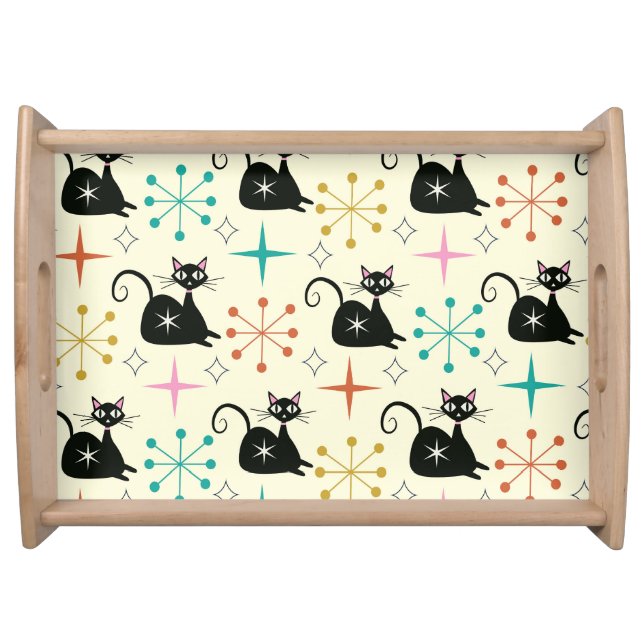 Mid Century Starbursts with Black Atomic Cat  Serving Tray (Front)
