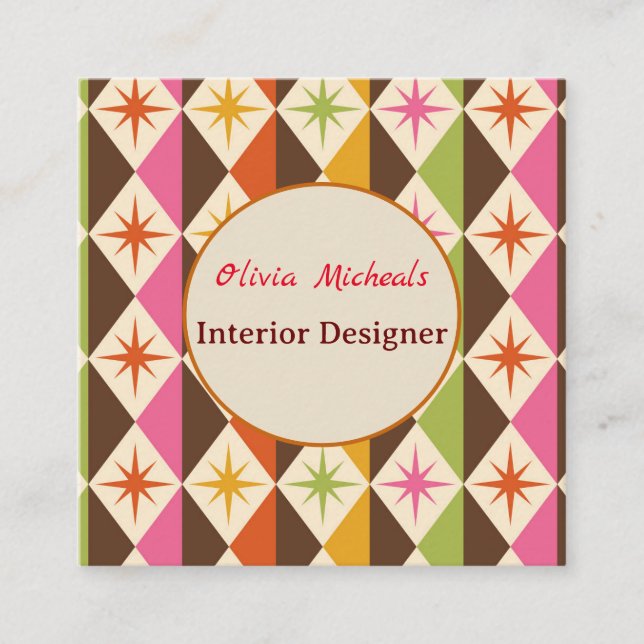 Mid Century Stars on Harlequin Diamonds Custom  Square Business Card (Front)