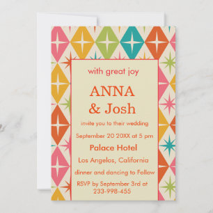 Mid Century stars on Harlequin Diamonds Wedding Invitation