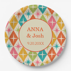Mid Century stars on Harlequin Diamonds Wedding Paper Plates