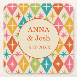 Mid Century stars on Harlequin Diamonds Wedding  Square Paper Coaster