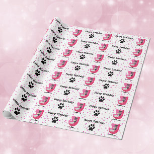 Mid Century Style Birthday Cats Pink Chair Dot Paw Wrapping Paper