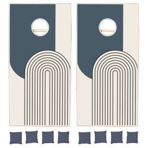 Mid Century style line art with dark blue arch Cornhole Set