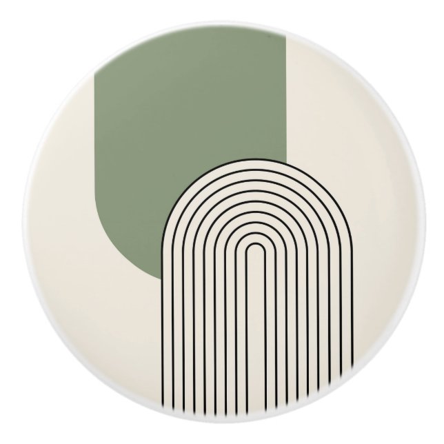 Mid Century style line art with green arch Ceramic Knob (Front)