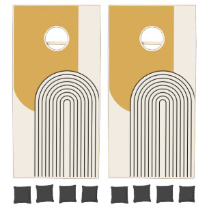 Mid Century style line art with mustard color arch Cornhole Set