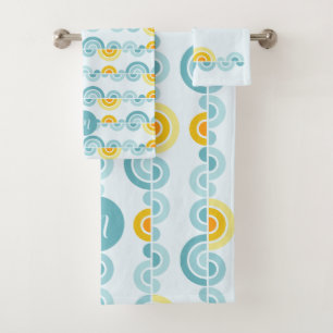 Mid-century sun and clouds curved shapes bath towel set