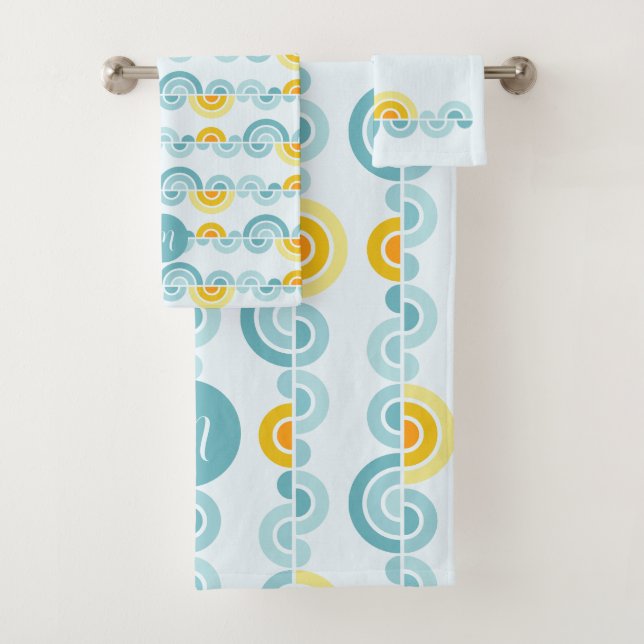 Mid-century sun and clouds curved shapes bath towel set (Insitu)