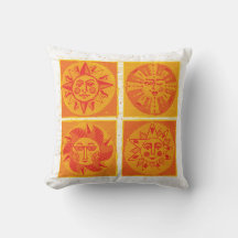 Mid Century Sun Faces Orange Throw Pillow