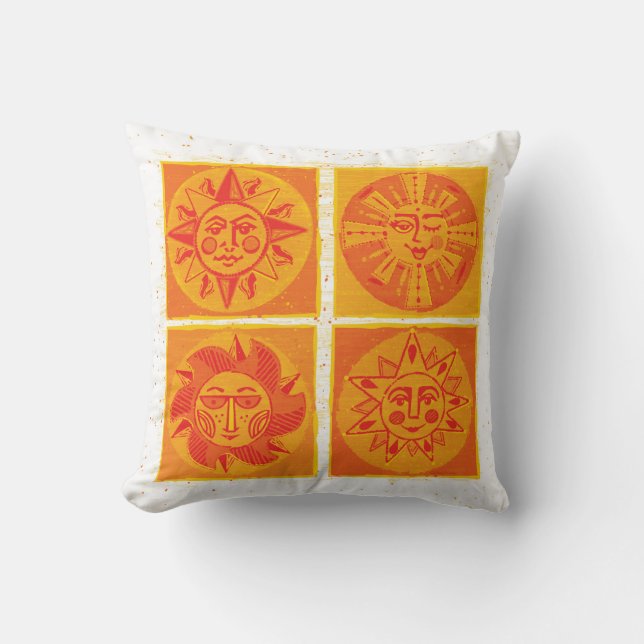 Mid Century Sun Faces Orange Throw Pillow (Front)