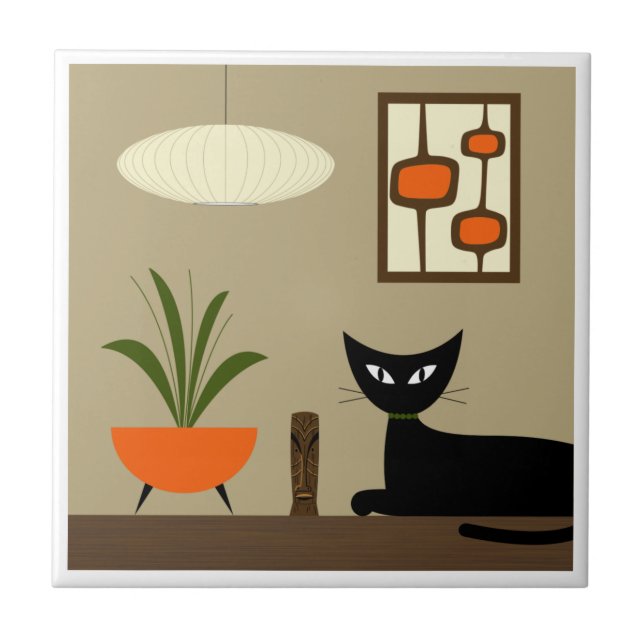 Mid Century Tabletop Cat with Mod Pods  Ceramic Tile (Front)