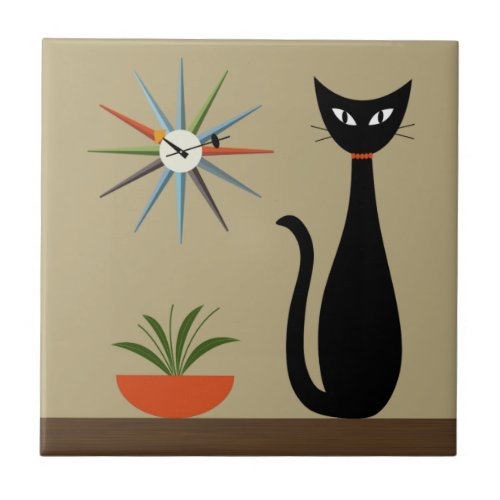 Mid Century Tabletop Cat with Starburst Clock Tile