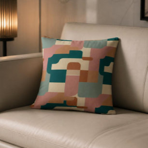 Mid century teal, pink,orange and cream throw pillow