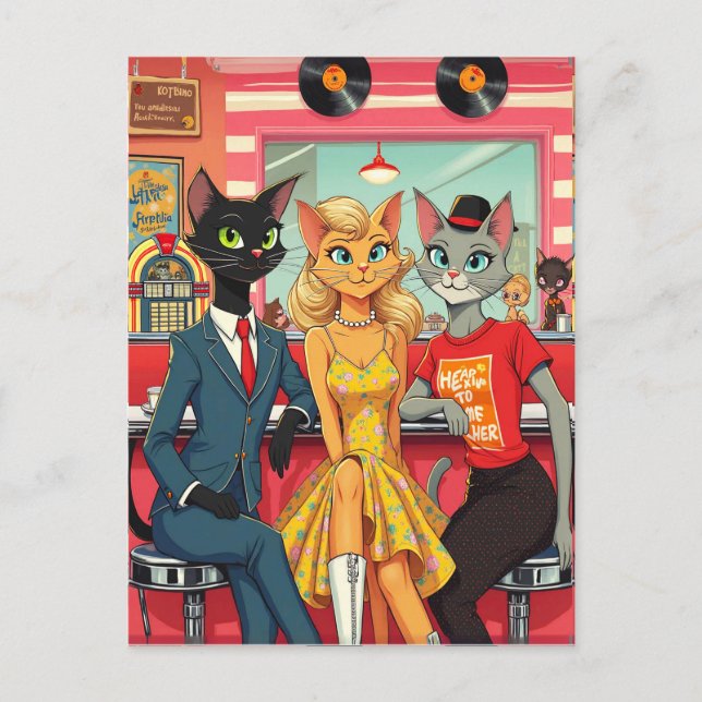 Mid Century Teenage Cats in a Diner Postcard (Front)