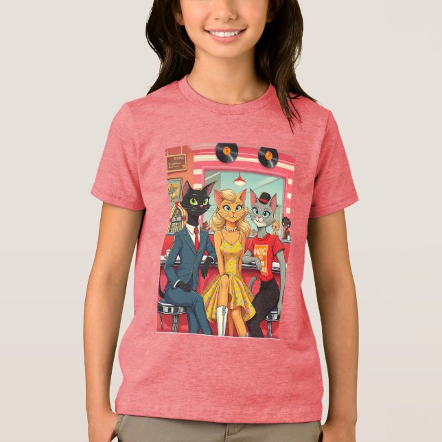 Mid Century Teenage Cats in a Diner Tri-Blend Shirt (Front)
