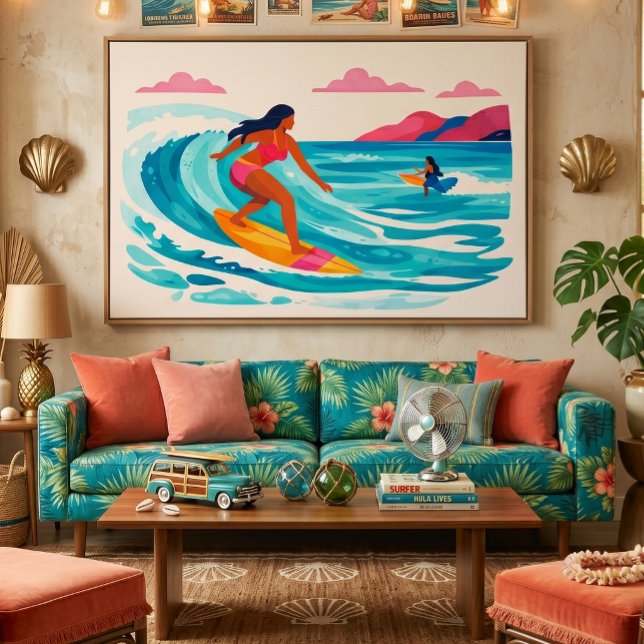 Mid century tropical beachy art canvas print (retro surf vibes)