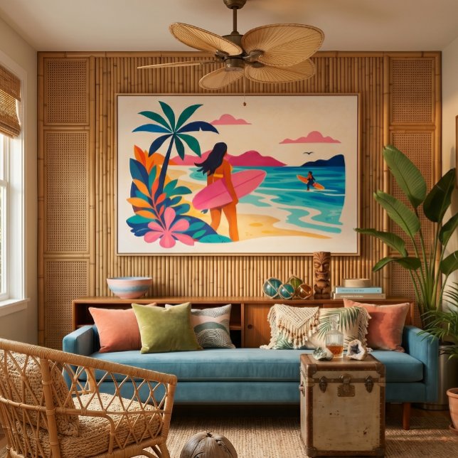 Mid century tropical beachy art canvas print (mid century retro surf art)