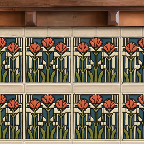 Mid_Century Tulips Abstract Symmetry Arts Crafts Ceramic Tile