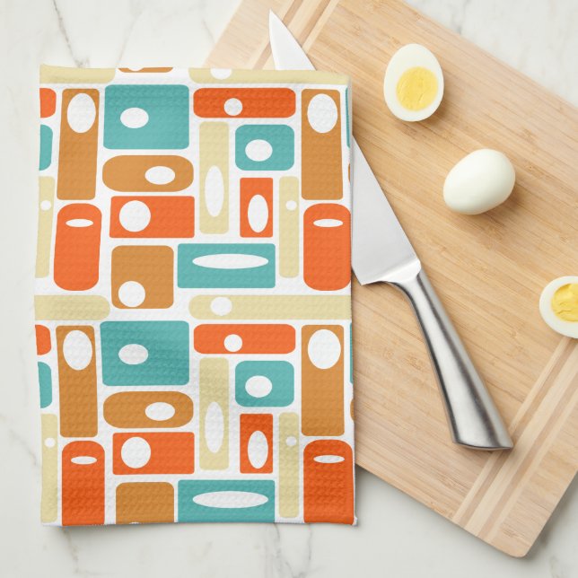 Mid-century Turquoise Orange Rectangles Pattern Kitchen Towel (Quarter Fold)