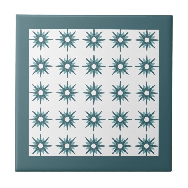 Mid-Century Turquoise Starburst Pattern Ceramic Tile (Front)