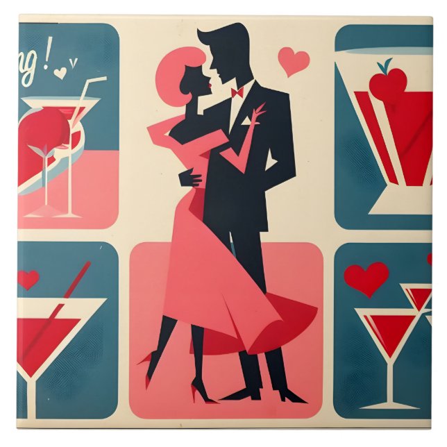 Mid Century Valentine Dancing Couple Ceramic Tile (Front)