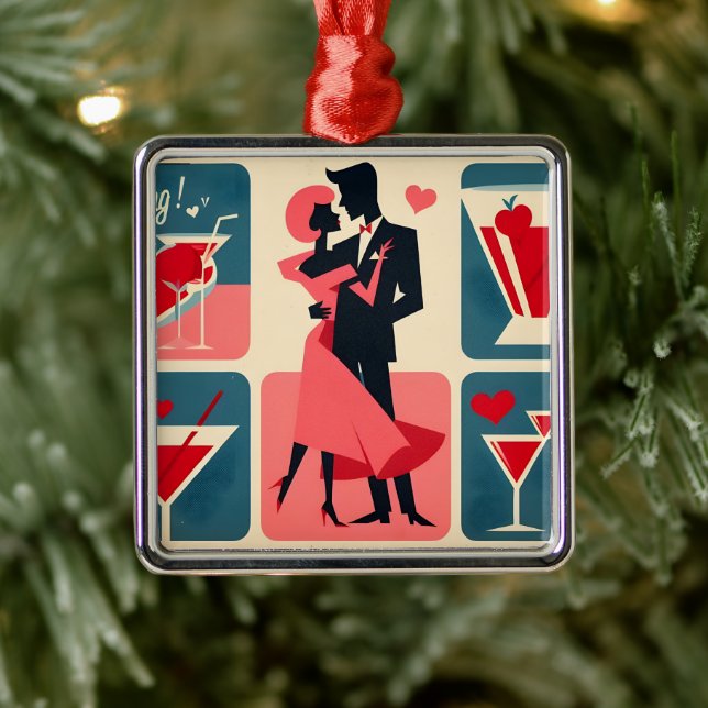 Mid Century Valentine Dancing Couple Metal Ornament (Tree)