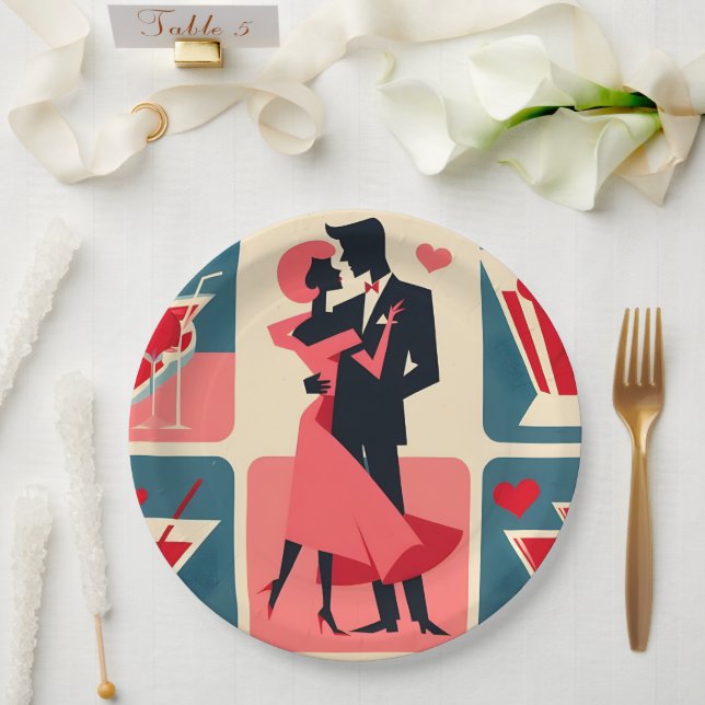 Mid Century Valentine Dancing Couple Paper Plates (Wedding)