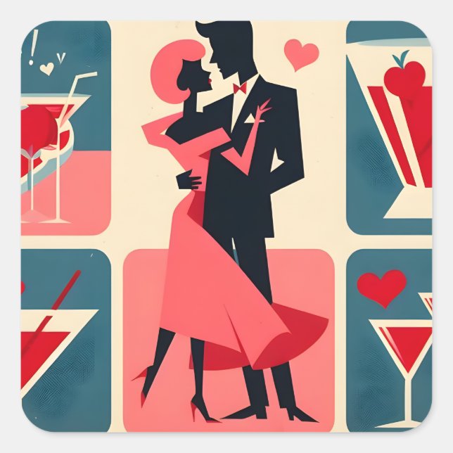 Mid Century Valentine Dancing Couple Square Sticker (Front)
