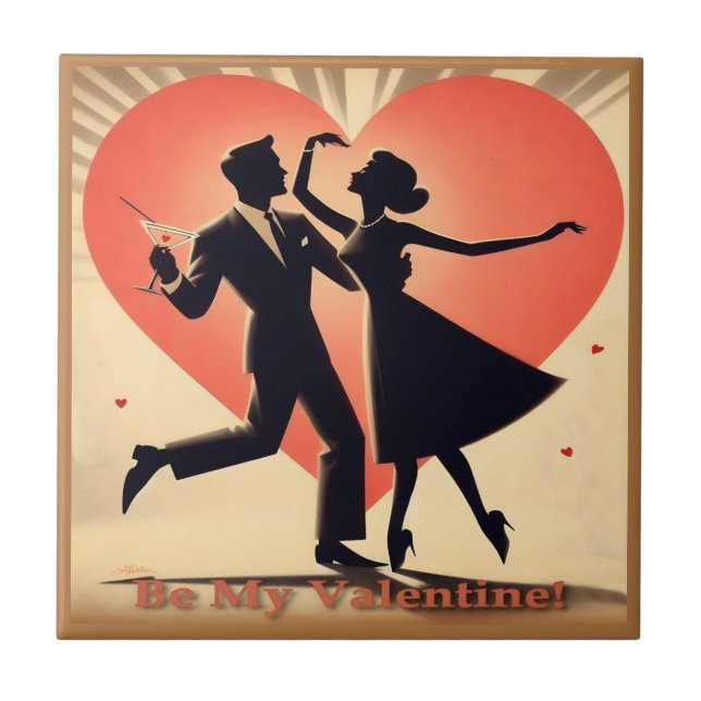 Mid Century Valentine Dancing Couple with Martini Ceramic Tile (Front)