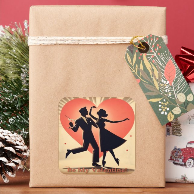 Mid Century Valentine Dancing Couple with Martini Square Sticker (Holiday)