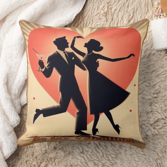 Mid Century Valentine Dancing Couple with Martini Throw Pillow (Blanket)