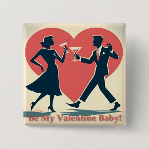 Mid Century Valentine Hip Martini Dancing Couple Button