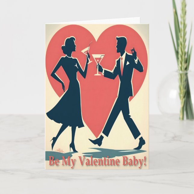 Mid Century Valentine Hip Martini Dancing Couple Card (Front)