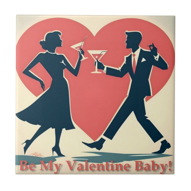 Mid Century Valentine Hip Martini Dancing Couple Ceramic Tile (Front)