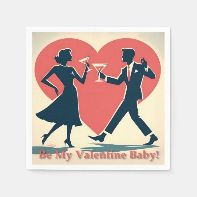 Mid Century Valentine Hip Martini Dancing Couple Napkins (Front)