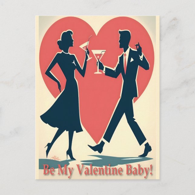 Mid Century Valentine Hip Martini Dancing Couple Postcard (Front)