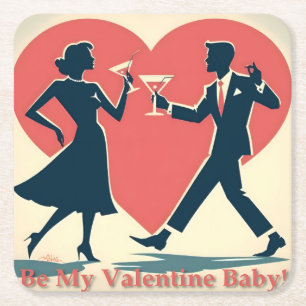 Mid Century Valentine Hip Martini Dancing Couple Square Paper Coaster
