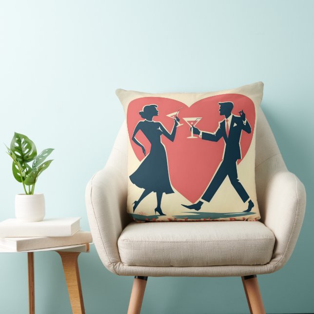 Mid Century Valentine Hip Martini Dancing Couple Throw Pillow (Chair)
