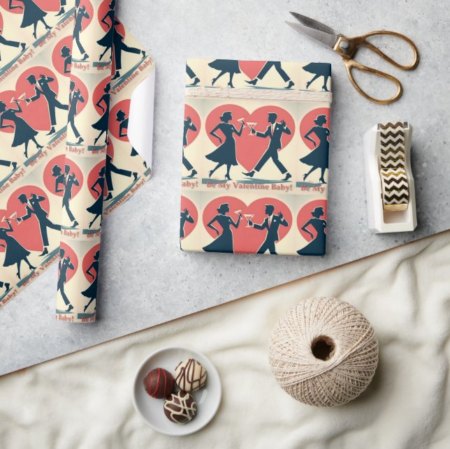Mid Century Valentine Hip Martini Dancing Couple Wrapping Paper (Crafts)