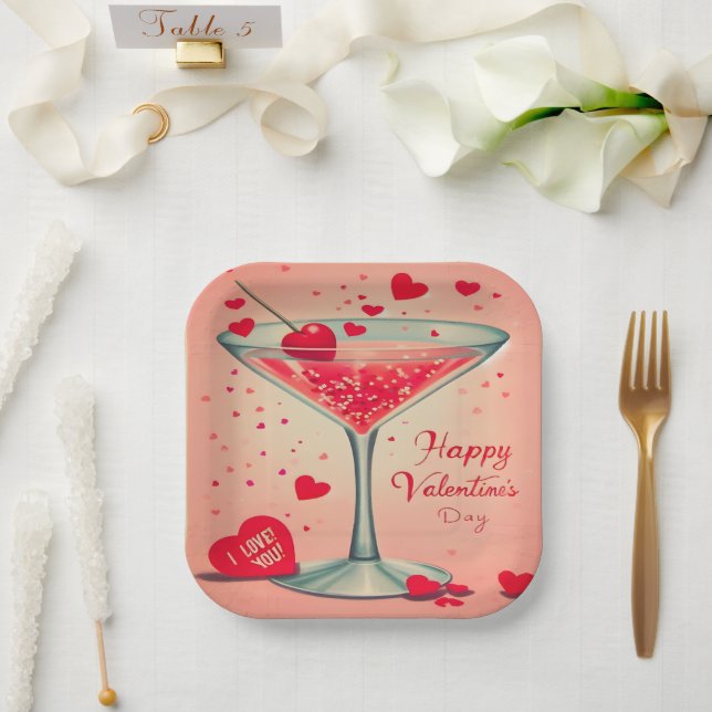 Mid Century Valentine Martini cocktail Paper Plates (Wedding)