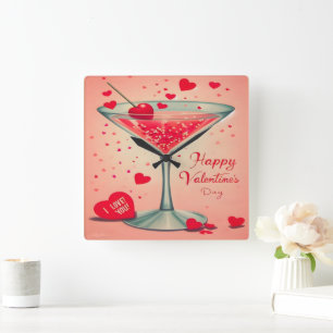Mid Century Valentine Martini cocktail Square Wall Clock