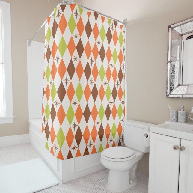 Mid-Century Vibes – Retro Geometric Shower Curtain (In Situ)