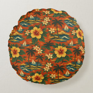 Mid Century Vibrant Hawaiian Shirt Print Round Pillow