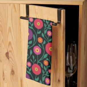 Mid-Century Vine Flower Garden Garland Midnight Kitchen Towel