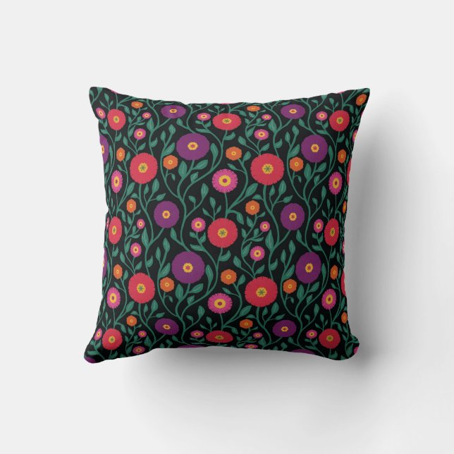 Mid-Century Vine Flower | Garden Garland Midnight  Throw Pillow (Back)
