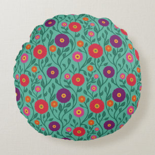 Mid-Century Vine Flower Garden Garland Mint Round Pillow
